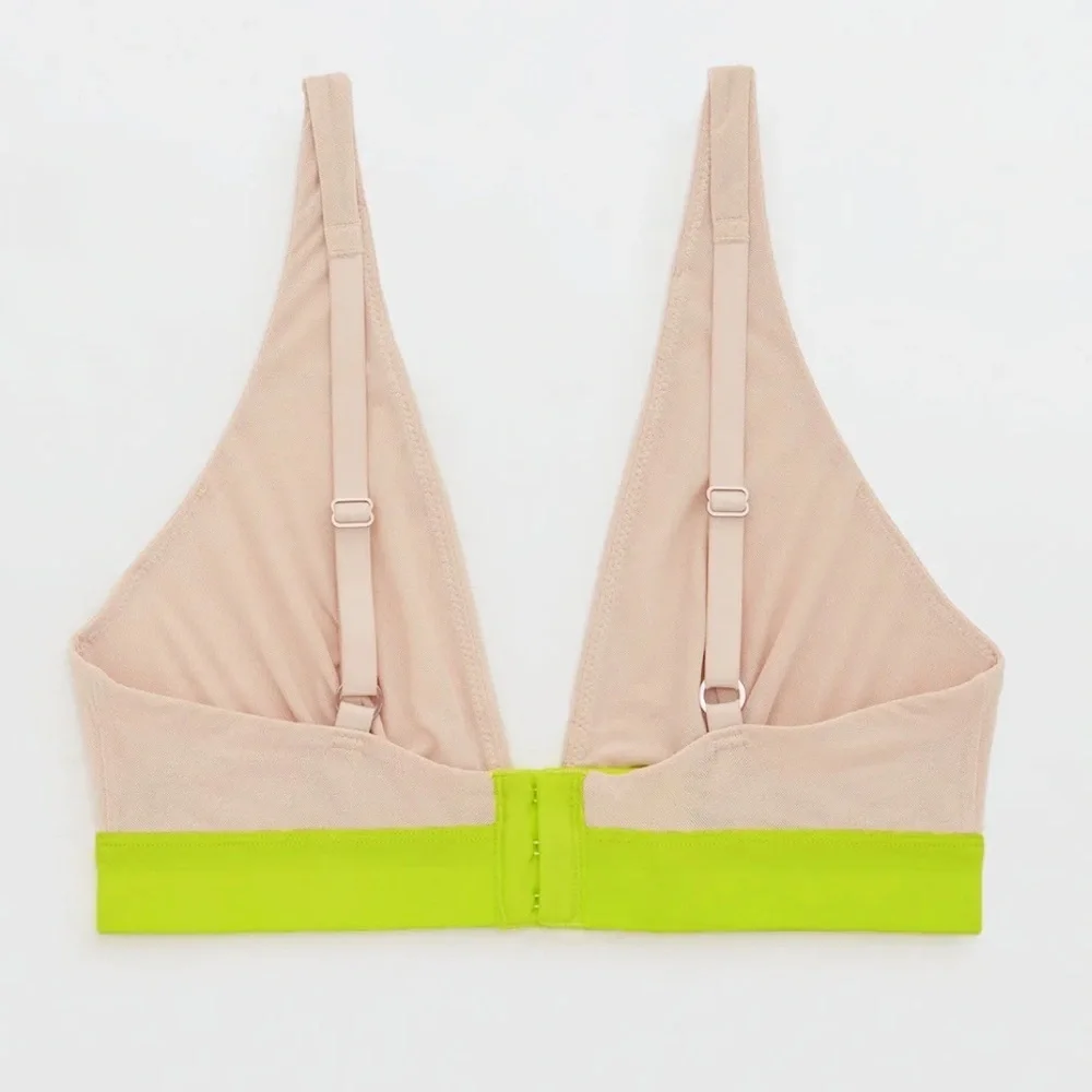 Aerie Smoothez Plunge Mesh Bralette nude‎ and green small